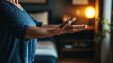 Obraz premium Person stretching in a serene bedroom, embracing tranquility and self-care, symbolizing relaxation and renewal in a calm personal space