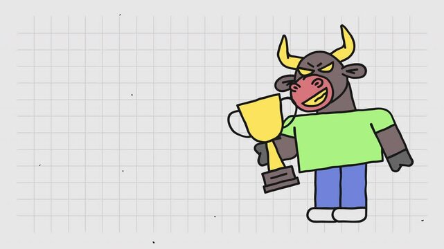 Template for text bull holds gold cup and smiles
