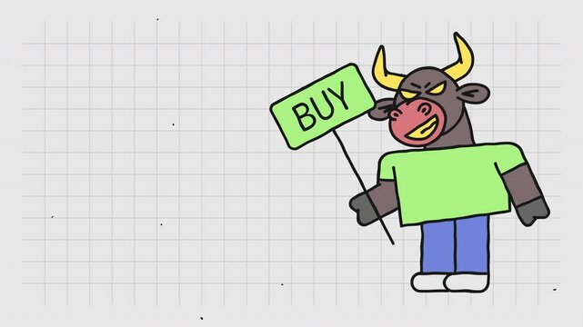 Template for text bull holds sign with inscription buy and smiles