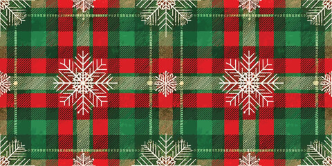 A festive red and green plaid pattern adorned with snowflakes, perfect for holiday-themed designs.