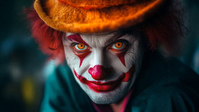 A close up of a clown. Makeup clown dark background man orange hat. Clown in a hat with orange hat. The clown is wearing a red wig and has orange eyes lifestyle.