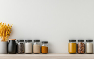 Decorative kitchen shelf with glass jars filled with various grains and spices by a plant
