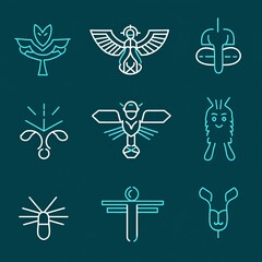 Fototapeta premium Nine Symbolic Line Art Designs Creatures, Symbols, and Figures