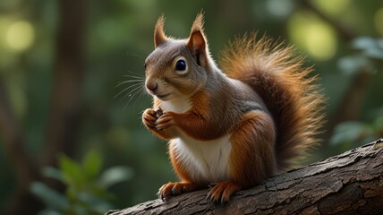 Adorable red squirrel sitting on a tree branch, eating a nut.