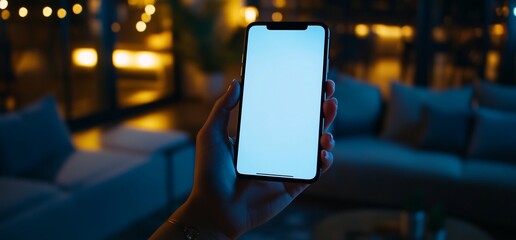 Hand holding smartphone with blank screen in modern living room at night.