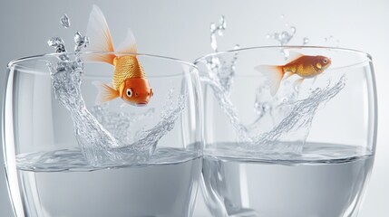 Two goldfish jumping between glasses of water.