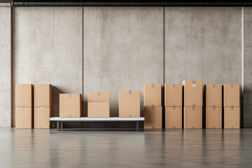 Stacked cardboard boxes against a concrete wall in a modern storage space