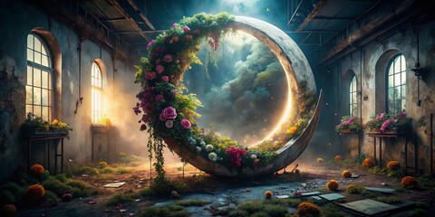 Mystic Moon Floral Wreath Planet Urban Exploration Photography