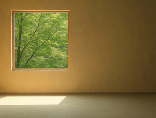 Fototapeta premium Minimalist interior with large window showcasing lush greenery on a sunny day