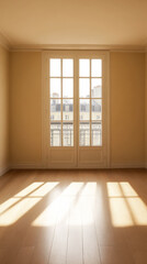 Fototapeta premium Sunlight streaming into a bright empty room with windows and wooden floor