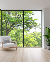Fototapeta premium Bright modern interior with large windows showcasing lush green trees in daylight