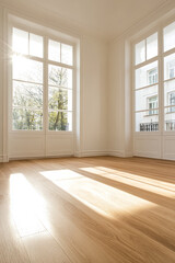 Fototapeta premium Bright and airy room with wooden floor and large windows offering natural light