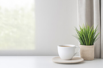Fototapeta premium Warm coffee cup beside a small plant on a minimalist table by the window