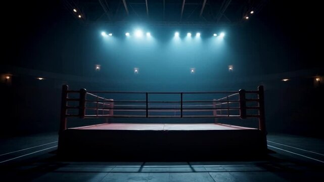 Dark boxing ring in empty arena set for intense sports competition. Concept Sports Competition, Dark Atmosphere, Boxing Ring, Empty Arena, Intense Setting