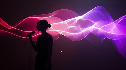 Silhouette of Woman Singing with Colorful Sound Waves Background