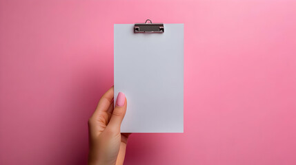 A hand holding a blank clipboard against a pink background, suggesting organization or planning.