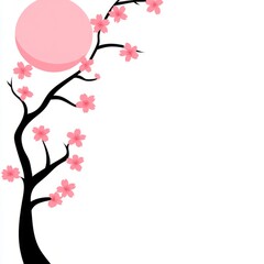 Obraz premium Pink Blossom Tree Branch with Moon, Japanese Style Art
