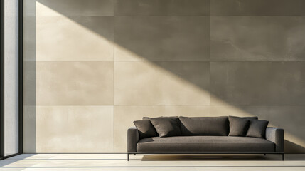 Modern living room with minimalist design and natural light streaming through large windows