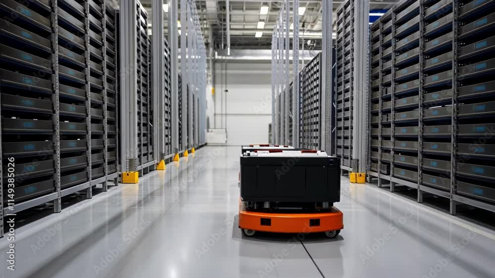 Poster an ambient setting featuring advanced storage systems filled with rows of battery modules stacked hi