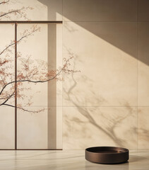 Serene interior design featuring cherry blossoms and soft natural lighting