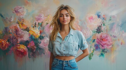 Portrait of a Young Woman in Front of an Abstract Floral Painting