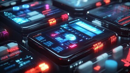 Fototapeta premium A sleek array of advanced medical tablets showcasing diagnostics, surrounded by glowing neon medical data