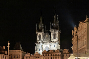 Fototapeta premium Night view of the Church of Our Lady before Tyn in Old Town Square in historical part of Prague in Czech Republic