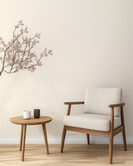 Minimalist interior design featuring a cozy chair and modern table with decorative items