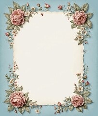 Vintage floral frame with elegant pink roses and delicate foliage on a soft blue background. Ideal for invitations, romantic events, wedding stationery, or decorative designs.

