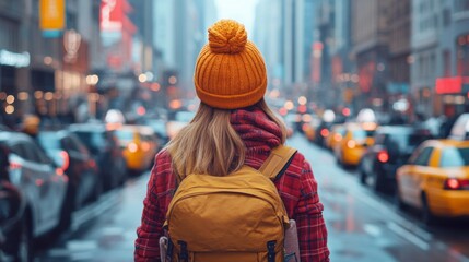 A Woman with Yellow Backpack Walking on a Busy City Street in New York