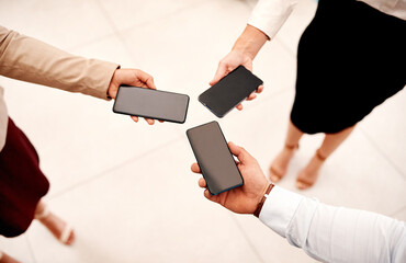 Business, hands and group with phone connection for application sync, location share or global...