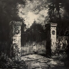 Fototapeta premium Dark Forest Gate: A Mysterious Path Beckons