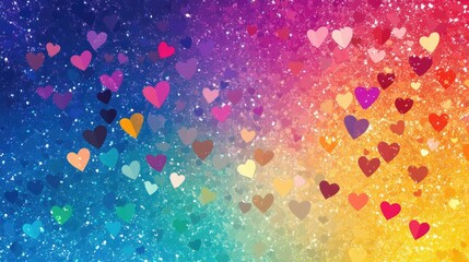 A vibrant Valentine's poster with cascading confetti hearts in a rainbow gradient, perfect for an inclusive celebration of love.