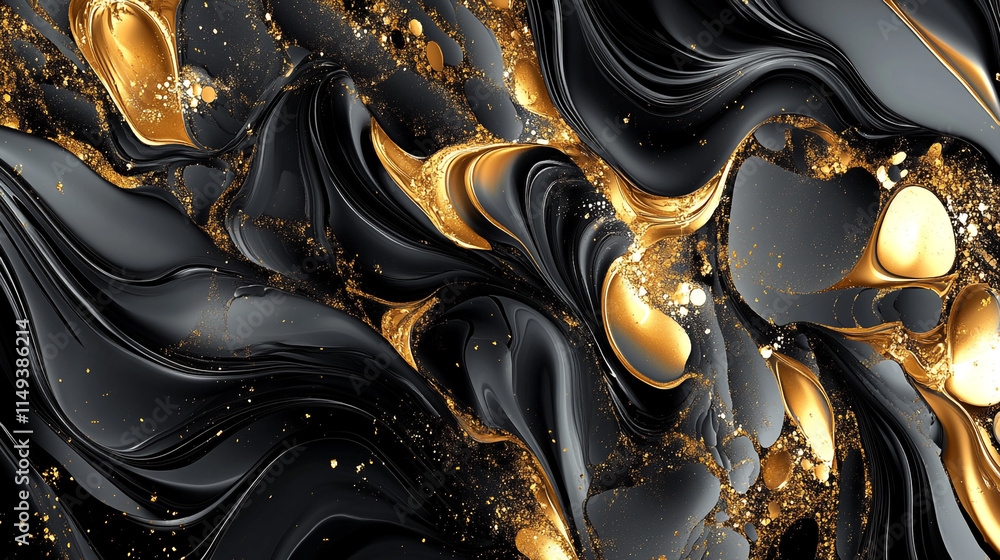 Poster abstract design featuring swirling black and gold patterns with a glossy finish creating a modern ar
