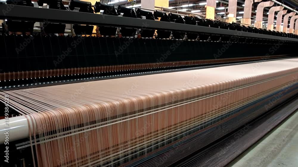 Poster rows of automated looms operating in harmony with threads moving swiftly through the air showcasing 