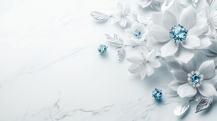 Creative arrangement of white flowers with turquoise accents on a marble surface