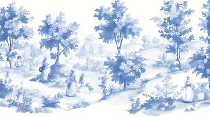 Charming blue, white pastoral scene. Figures in elegant period attire stroll through landscape. Trees, flowers create serene countryside setting. Classic style evokes romantic, timeless aesthetic.