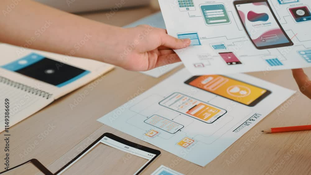 Poster panorama video of startup company employee planning on user interface prototype for mobile applicati