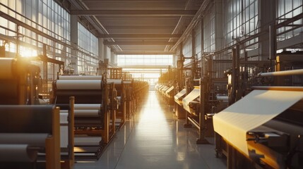 Brightly lit textile factory with weaving machines producing premium fabrics.