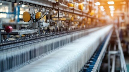 Naklejka premium Close-up of textile looms producing vibrant fabrics in a high-tech weaving factory with industrial details.