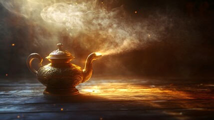 Ornate Golden Teapot Emits Magical Smoke On Wood