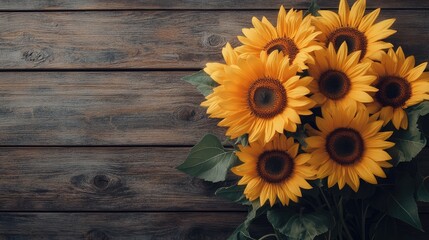 sunflowers on wooden board with copy space, Autumn banner with a bouquet of yellow sunflowers on vintage textured wooden background