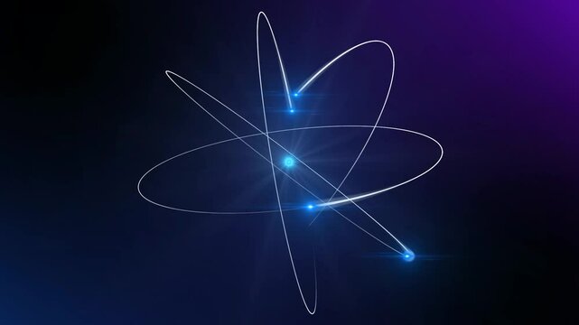 Animation of atom 3d model, rotation around nucleus on black background. Concept of science, energy, matter