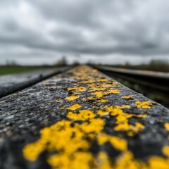 Obraz premium Rusty Railway Track with Yellow Lichen Growth in Cloudy Weather