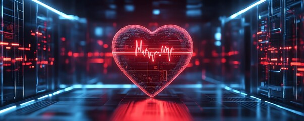 3D heartshaped container with illuminated tubes showcasing a neon red heartbeat graph, glowing red lines, futuristic and dynamic design with modern digital energy