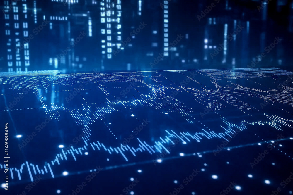 Aufkleber dynamic financial chart with fluctuating graphs and glowing elements on a blue background