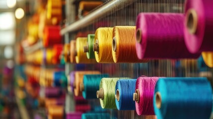 Textile weaving factory floor filled with spools of thread and synchronized mechanical looms.