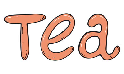 inscription tea, orange letters, vector color doodle element, cute design element