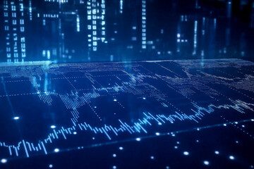 Dynamic financial chart with fluctuating graphs and glowing elements on a blue background