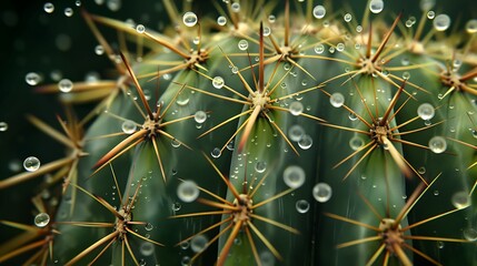 Hyper-realistic background showing water drops on a cactus with detailed thorns. full ultra hd, high resolution